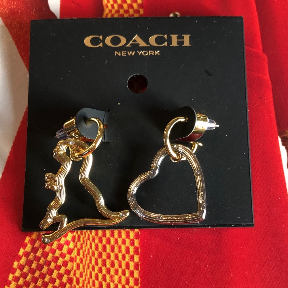 Authentic New Coach Gold-Tone Heart & Dino Silhouette Drop Earrings/crystals. - Picture 1 of 10